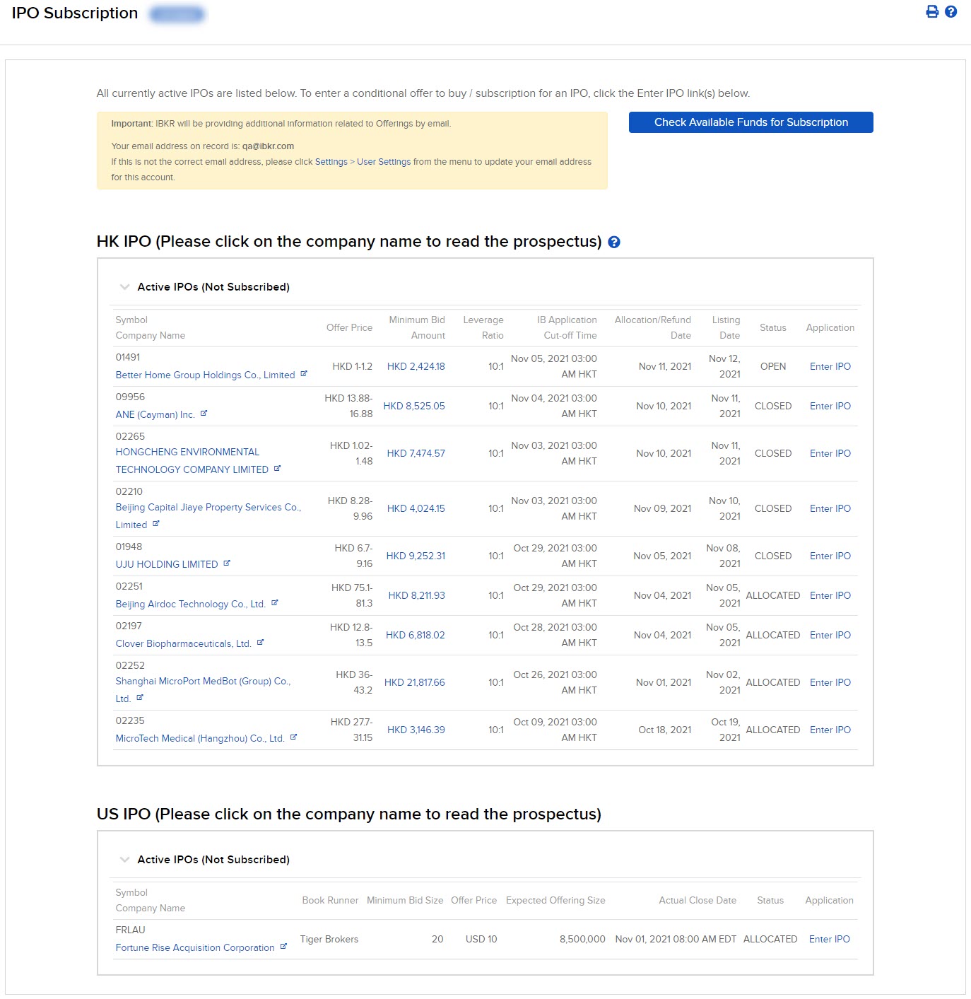 Image of the IPO subscription summary in portal. 